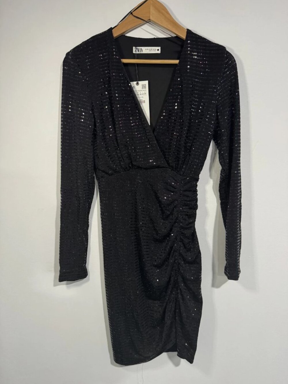 Zara Women's Black Sequin Long Sleeve Wrap Mini Dress Sz XS NWT